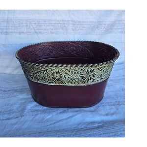 Vintage Style Metal Planter Tub Red with Gold Floral Border Oval Decorative